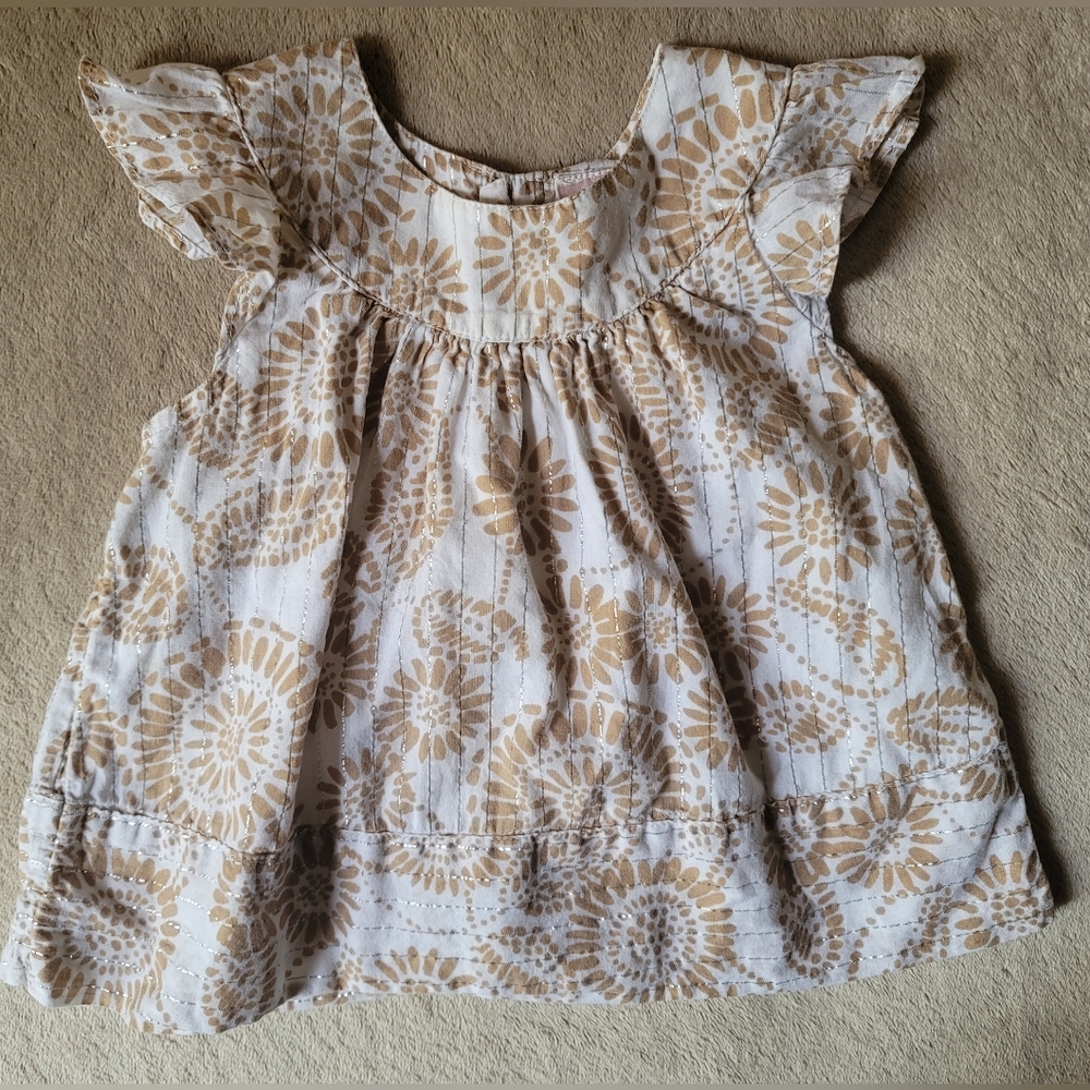 Old Navy Baby Girl White/Tan/Metallic Flutter Sleeve Top Size 12-18 Months